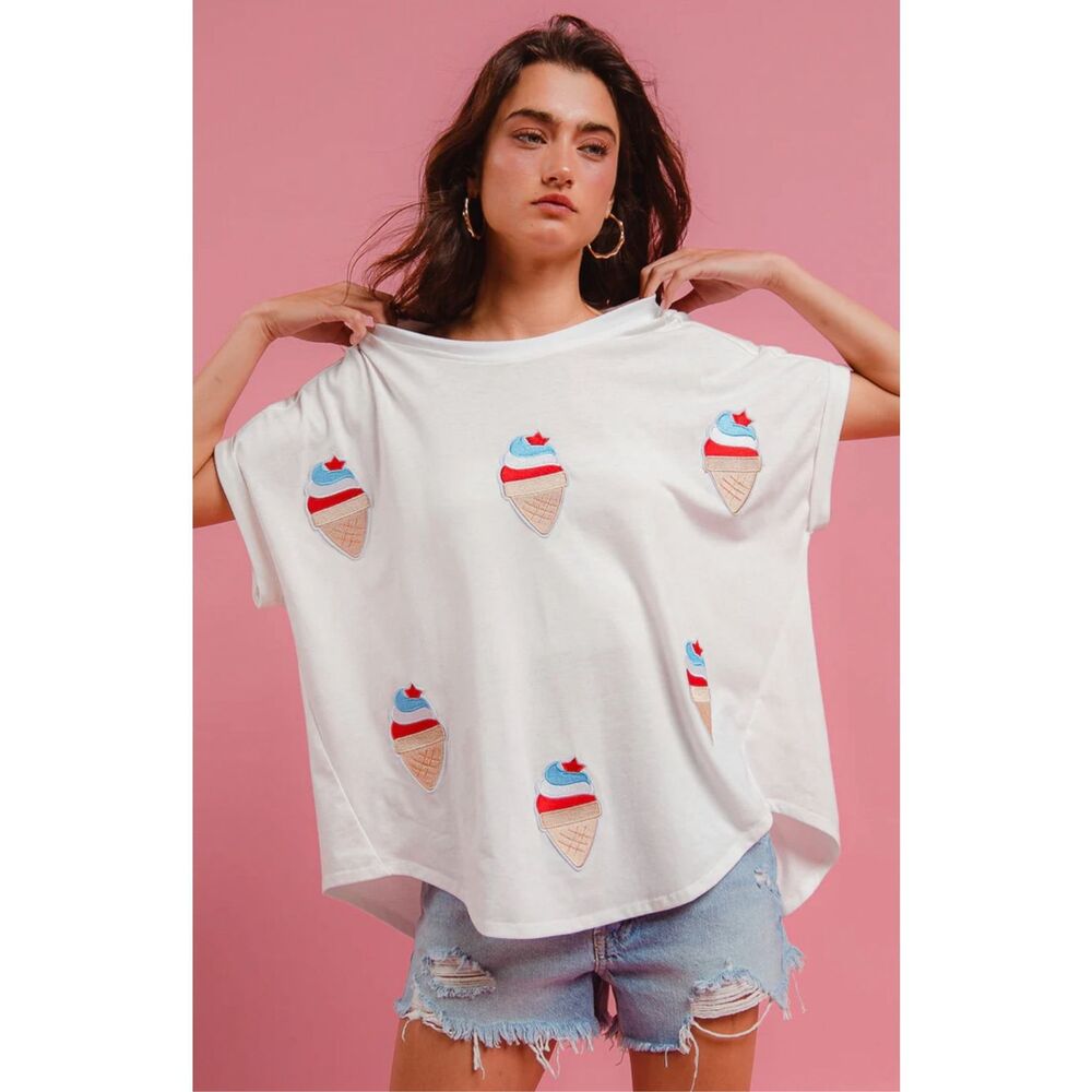 #252. BIBI Red, White, & Frosty Oversized Solid Terry Cap Sleeve Cone Patch Tee - Picture 2 of 3